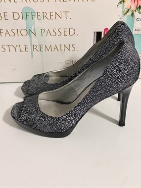 Calvin Klein Black and White Pebble-Print Peep-Toe Stiletto Heels